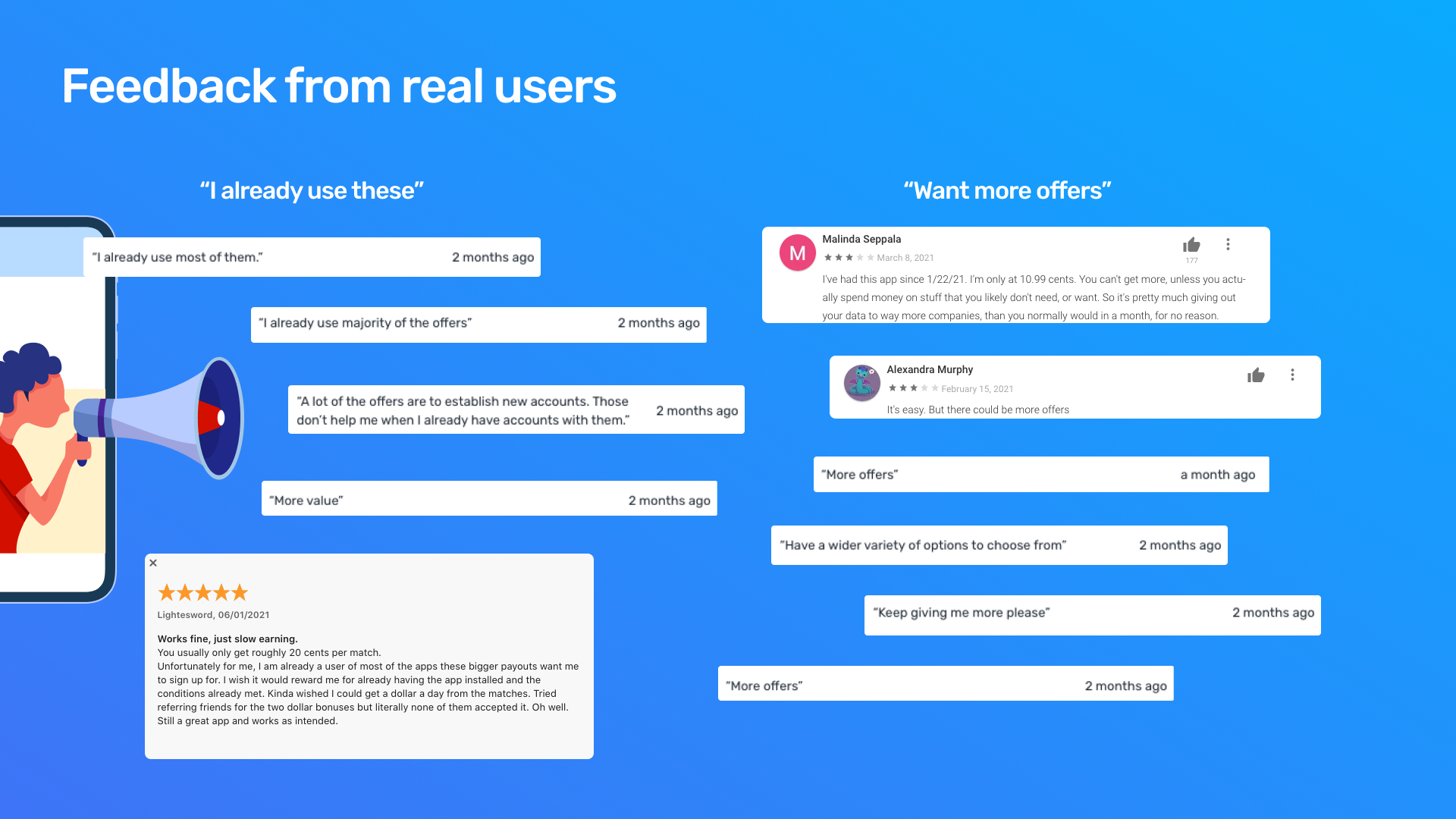 Samples of user reviews from the App Store and Google Play